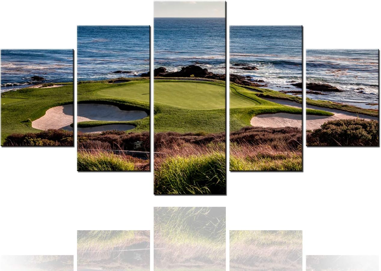 Pebble Beach Pictures for Living Room Golf Course Paintings Golfing Sports Wall Art 5 Pieces Prints on Canvas Seascape Artwork Country Home Decorations Framed Giclee Ready to Hang Gift(60''W x 32''H) 60&#039;&#039;W x 32&#039;&#039;H