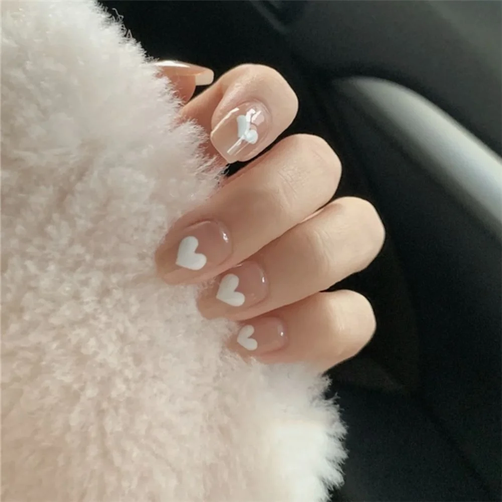 24pcs/box Middle length Ballet nude pink Color false nails with design with heart pattern artificial nails with jelly glue-Nail Inspo