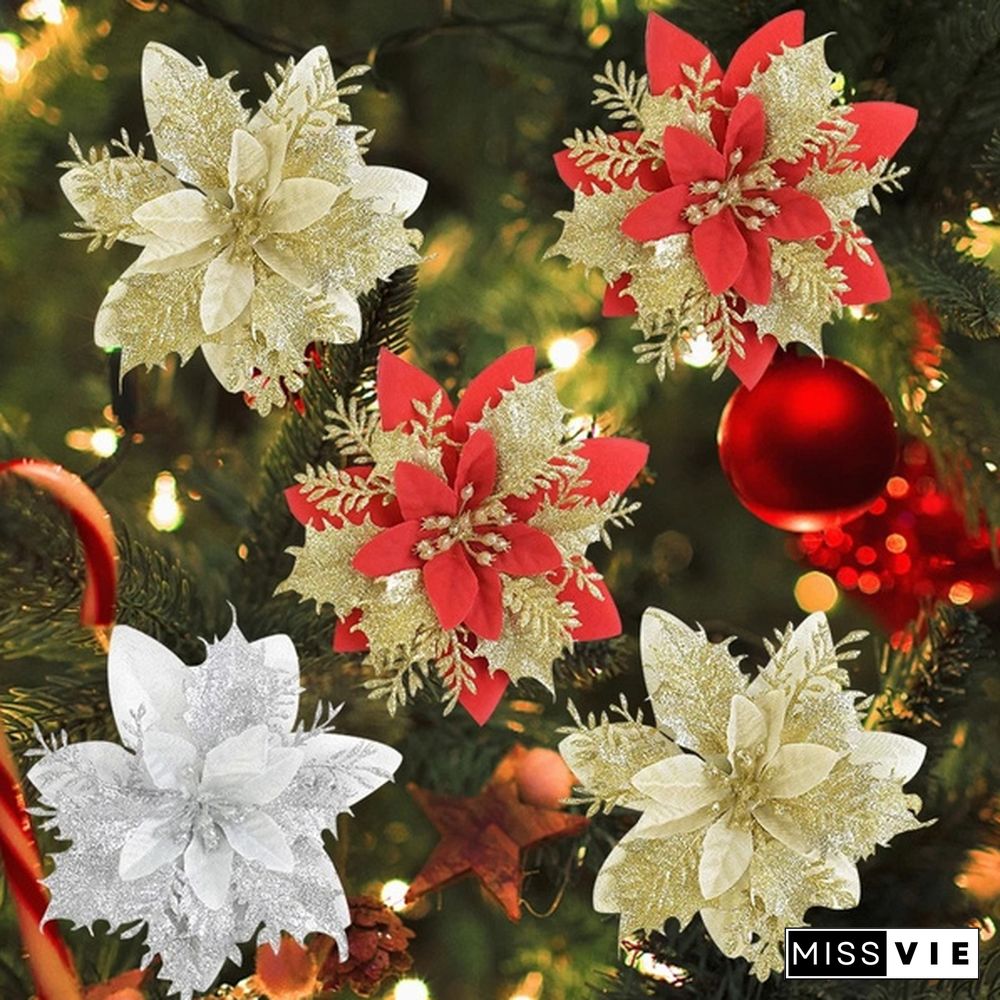 10 Pcs/Set Glitter Christmas Flower Poinsettia Christmas Tree Decorations Ornaments Christmas DIY Craft 11 Colors