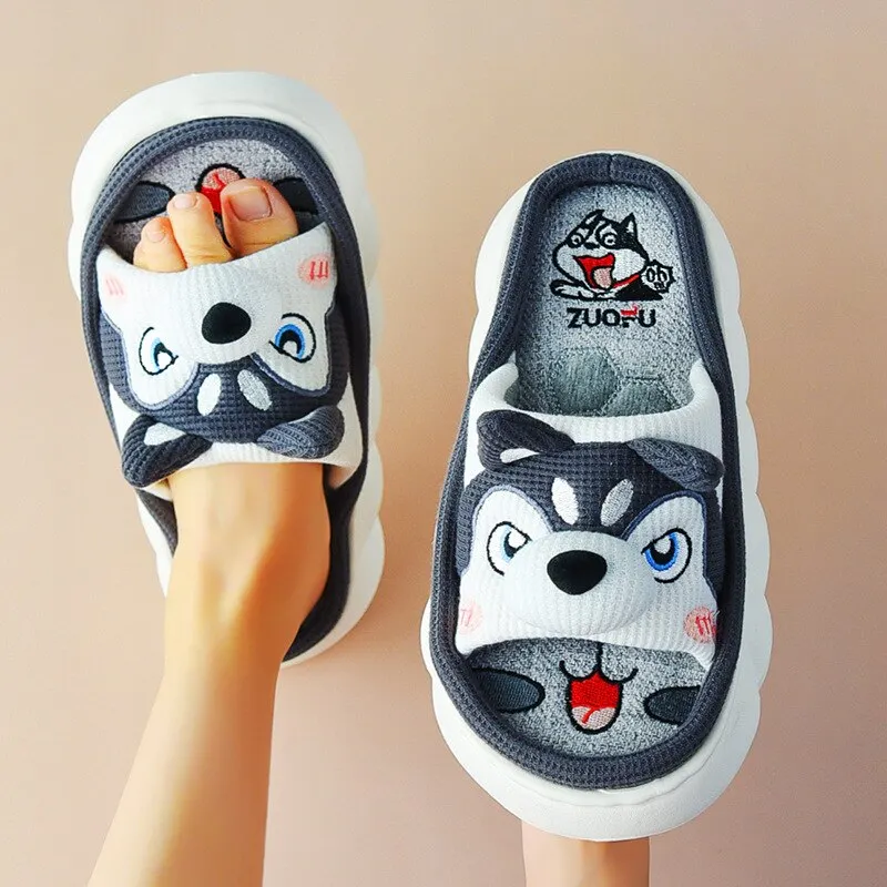 Yyvonne New Fashion Linen Slippers Women Cute Squirrel Home Platform Slippers Comfort Cartoon Couple Ladies Slides Free Shipping