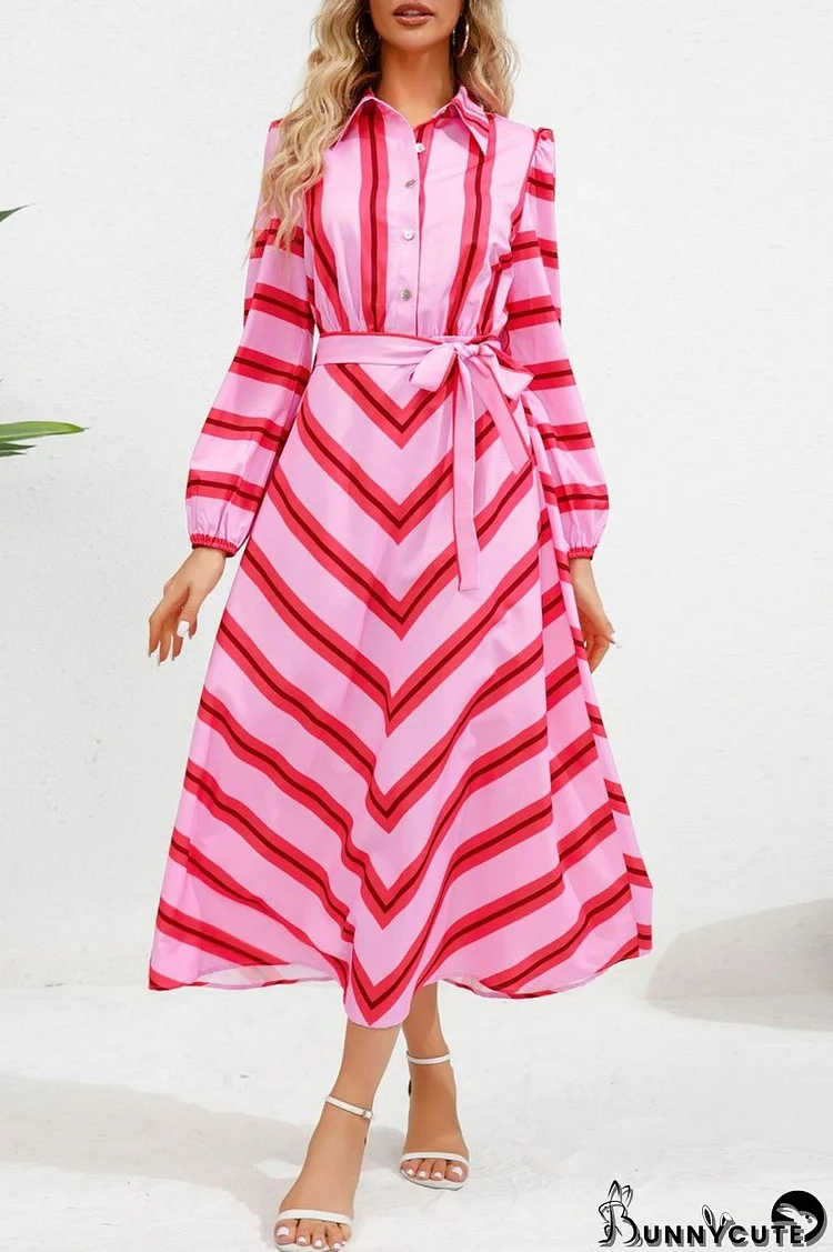 Red Casual Striped Print Patchwork Turndown Collar Shirt Dress Dresses