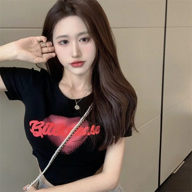 Uveng Uveng Letter Print T-Shirt Women's Summer 2024 New Ins Slim Short Design Sense Niche Short-Sleeved Top