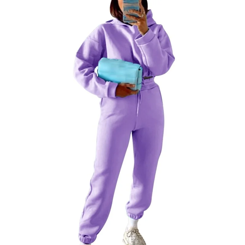 Muyogrt Autumn Sping Two Piece Set Candy Color Women Hoodie Fleece Sweatshirt Crop Top & Pants Set Tracksuit Sport Jogging Suit