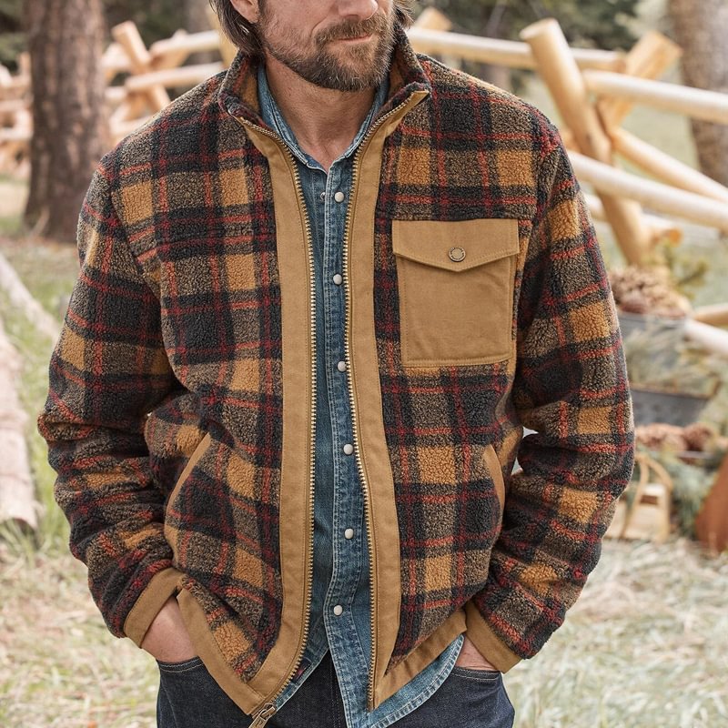 Vintage Fleece Plaid Zipper Long Sleeve Jacket