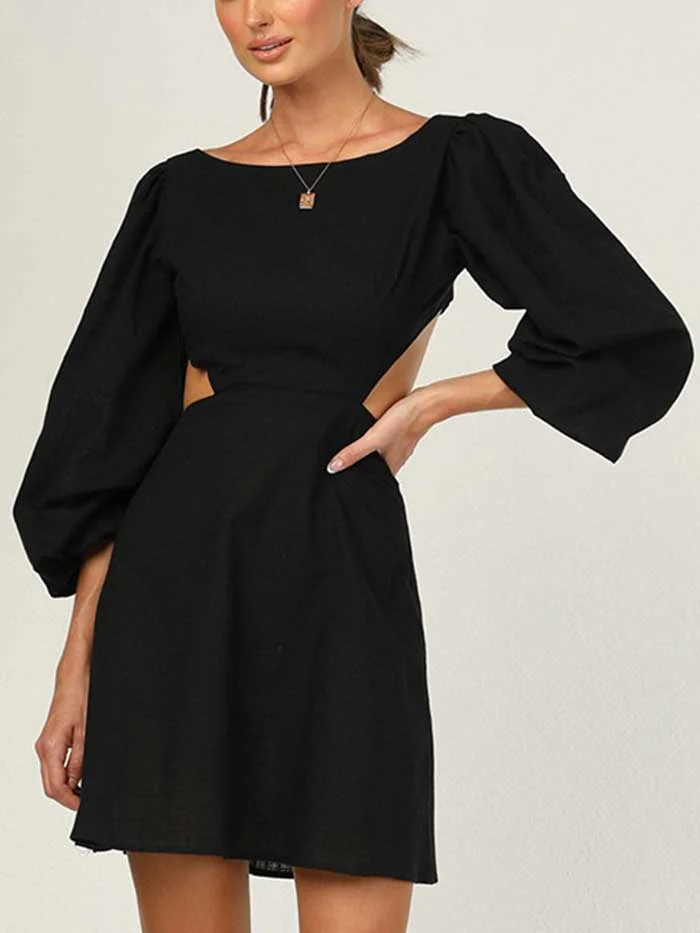 Round Neck Sexy Halter Lantern Sleeve Long Sleeve Tie High Waist Dress