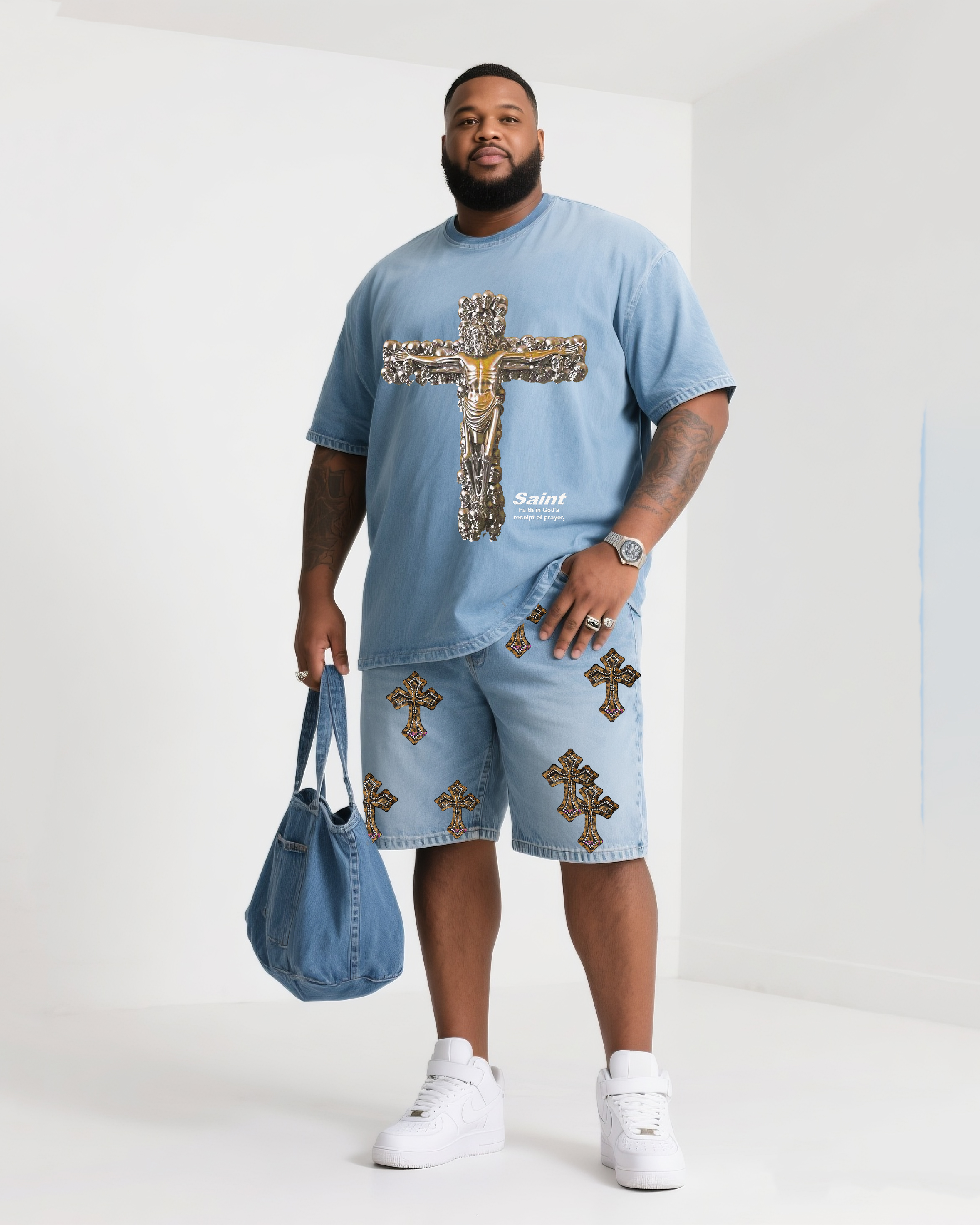 Big Shit Fashion Street Faith Cross Print Short Sleeve Shorts Denim Suit