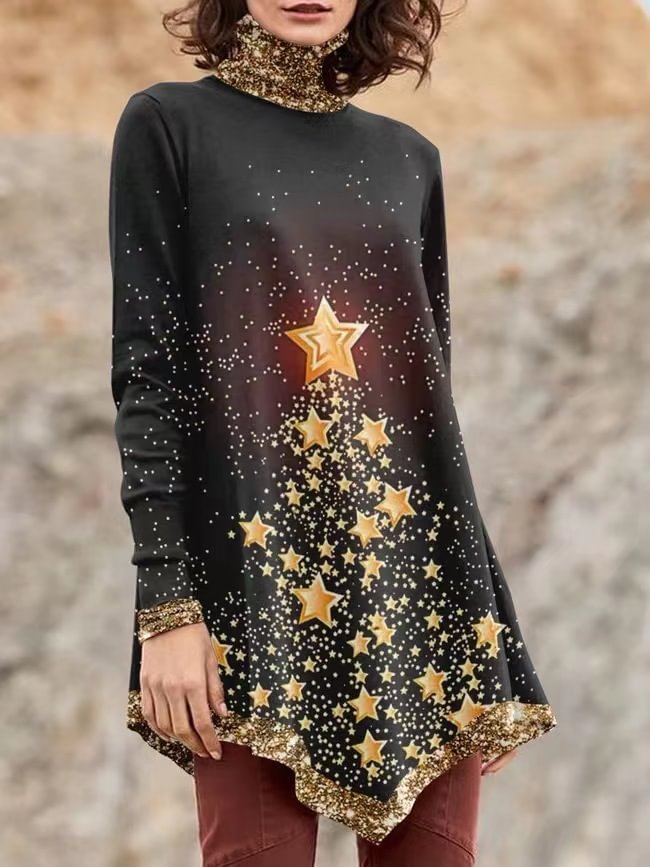 Shiny Star Print Turtleneck Tops For Women