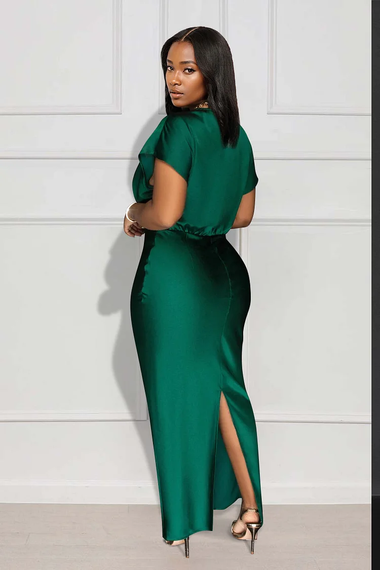 Elegant Ruched V Neck Dropped Shoulder Formal Party Bodycon Satin Maxi Dresses-Green