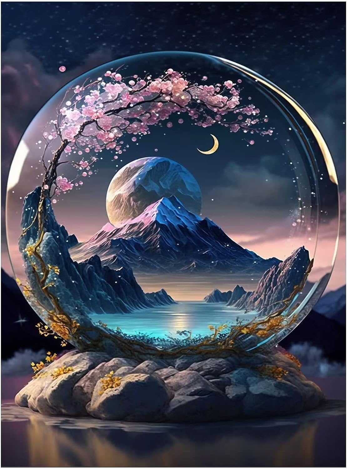 Living Room Art, Ocean Wall Art, Mountain and Moon Frameless Canvas Wall Art, Artwork, Wall Art For Kitchen, Beach Painting, Prints Wall Art, Living Room Artwork For Wall 24 inch  W x 36 inch  H Mountain and Moon 1
