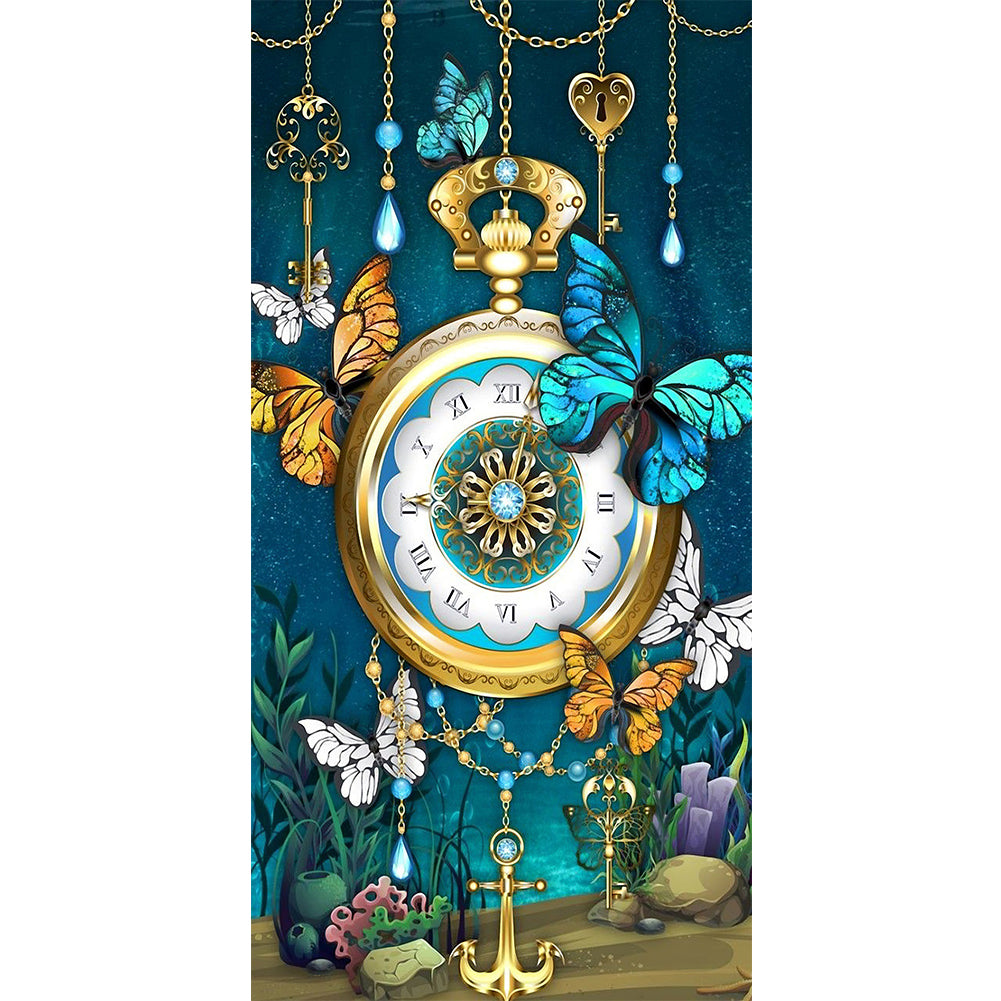 Clock Flower Butterfly 30*60CM(Canvas) Beautiful Special Shaped Drill Diamond Painting gbfke