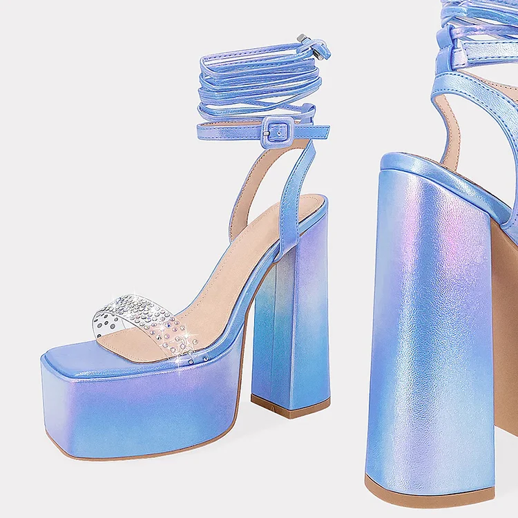 Blue Platform Chunky High Heels Elegant Square Toe Rhinestones Sandals Wrapped Buckle Shoes |FSJ Shoes