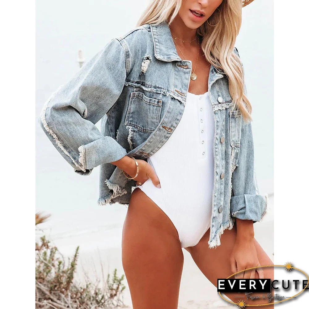 Light Blue Distressed Raw Hem Denim Jacket