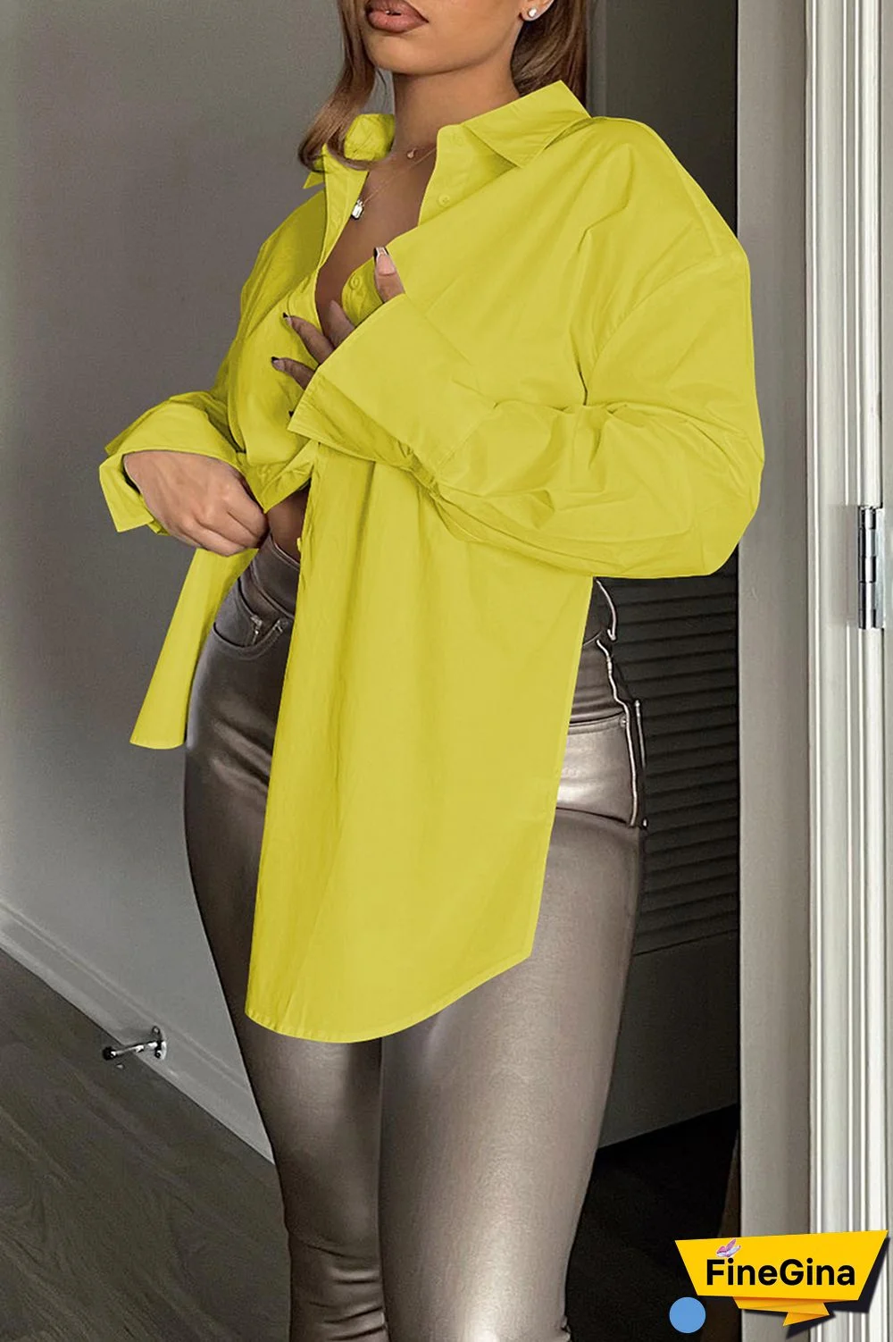 Sky Blue Casual Solid Frenulum Backless Asymmetrical Shirt Collar Tops