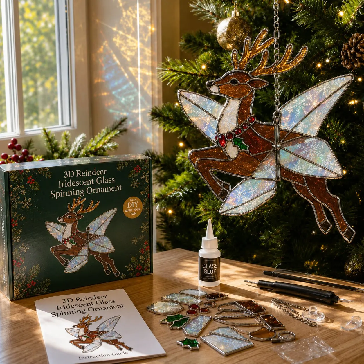 Christmas Reindeer iridescent glass spinning ornament kit