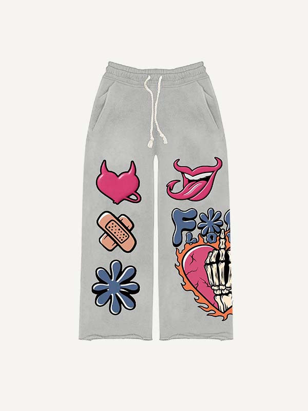 Tongue&Heart&Gesture&Letter Print Elastic Waist Pants