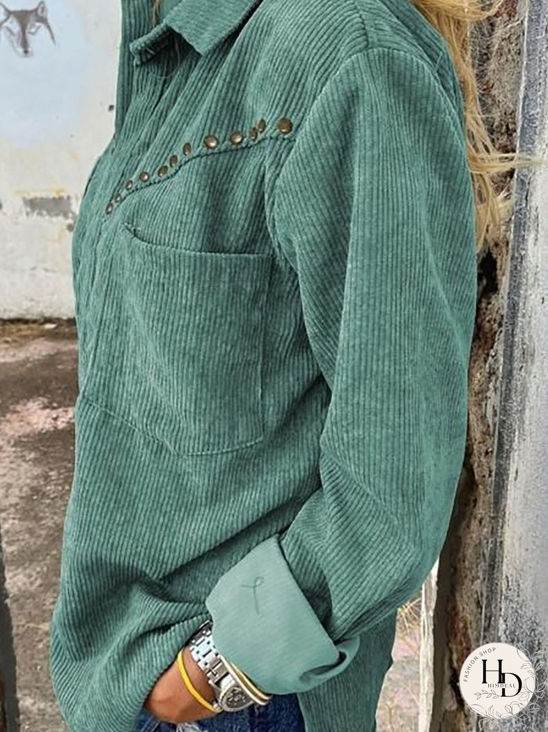 Blouses Corduroy Rivet Long Sleeve Button Pocket Blouse for Women