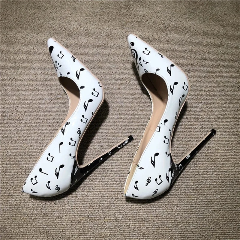 LOURDASPREC Music Symbols Printed Women Stiletto High Heels Slip On Pointy Toe Patent Leather Pumps Cute Ladies Formal Dress Shoes
