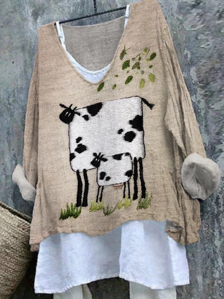 Comstylish Farm Cow Animal Embroidered Linen V-Neck T-Shirt