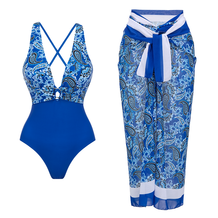 Blue Paisley Print One Piece Swimsuit and Sarong