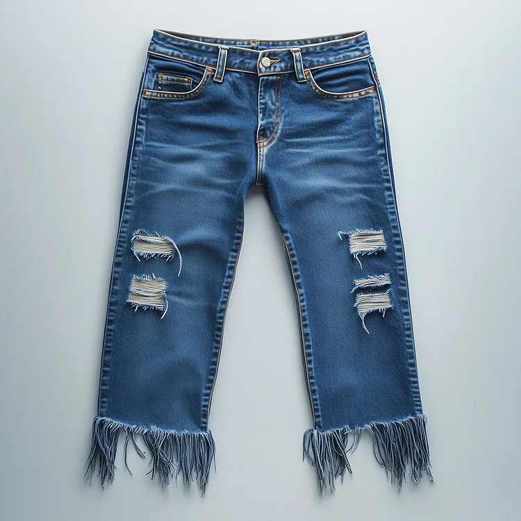 Ursime High Rise Denim Ripped Raw Edge Crop Jeans