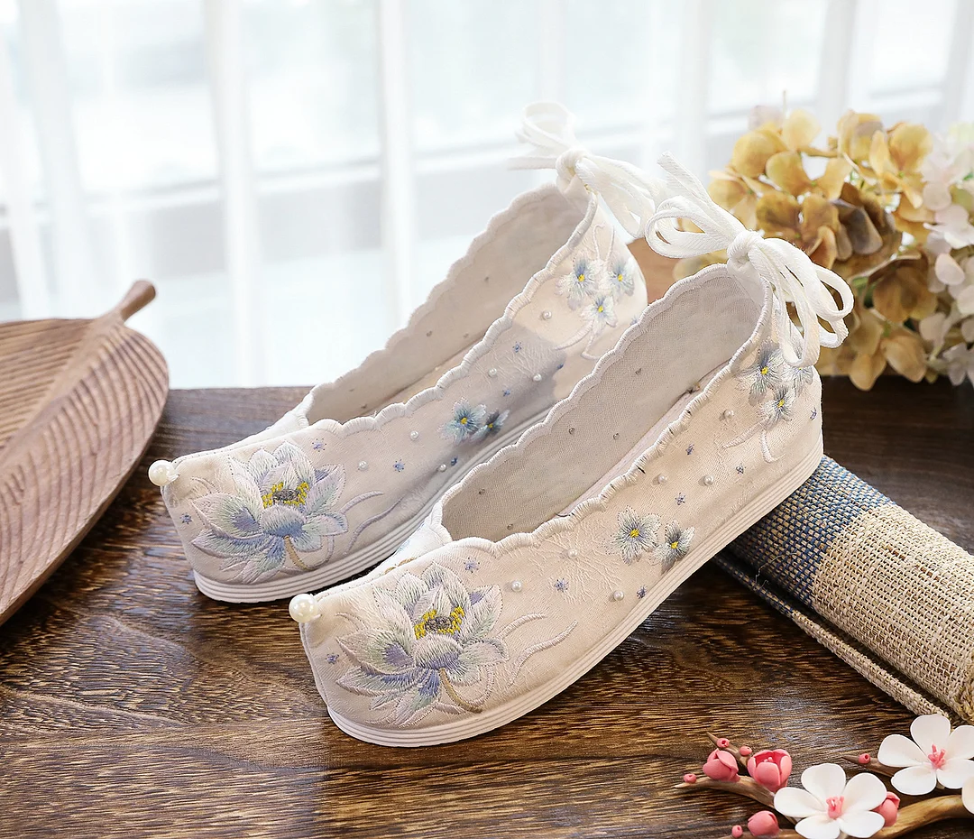 Colourp Colourp Shoes Hanfu Shoes Single Shoes / Cotton Shoes Blue Wave Ancient Costume Lotus Embroidered Cloth Shoes Girl Head Strap