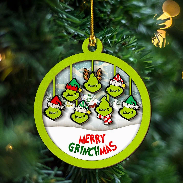 Merry Grinchmas Family Ornament Custom 7 Names Wooden Ornament