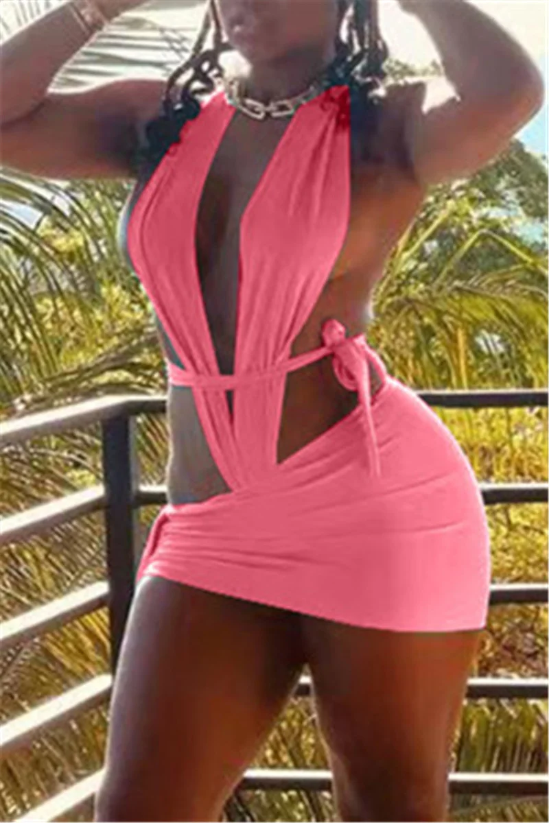 Pink Fashion Sexy Solid Hollowed Out Backless Swimwears | EGEMISS