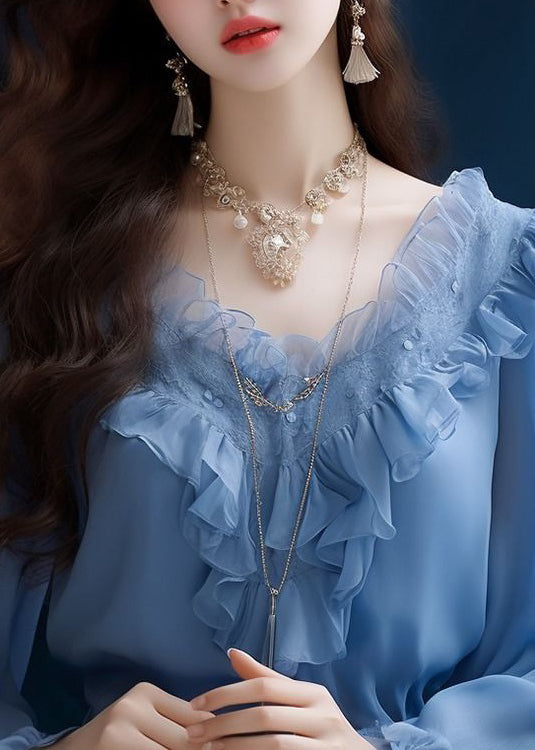 VCSHOES Blue Ruffled Solid Chiffon Tops Long Sleeve