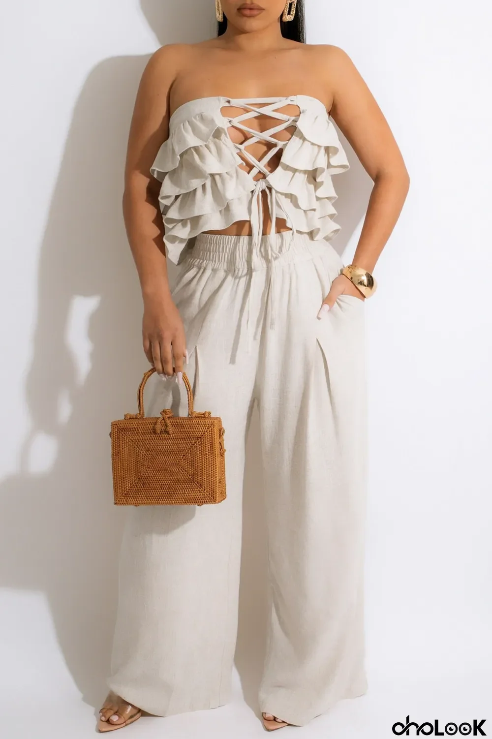 Apricot Sexy Casual Solid Bandage Hollowed Out Backless Strapless Sleeveless Two Pieces