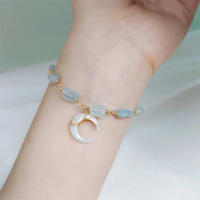 Natural Aquamarine Tridacna Stone Crescent Moon Healing Charm Bracelet