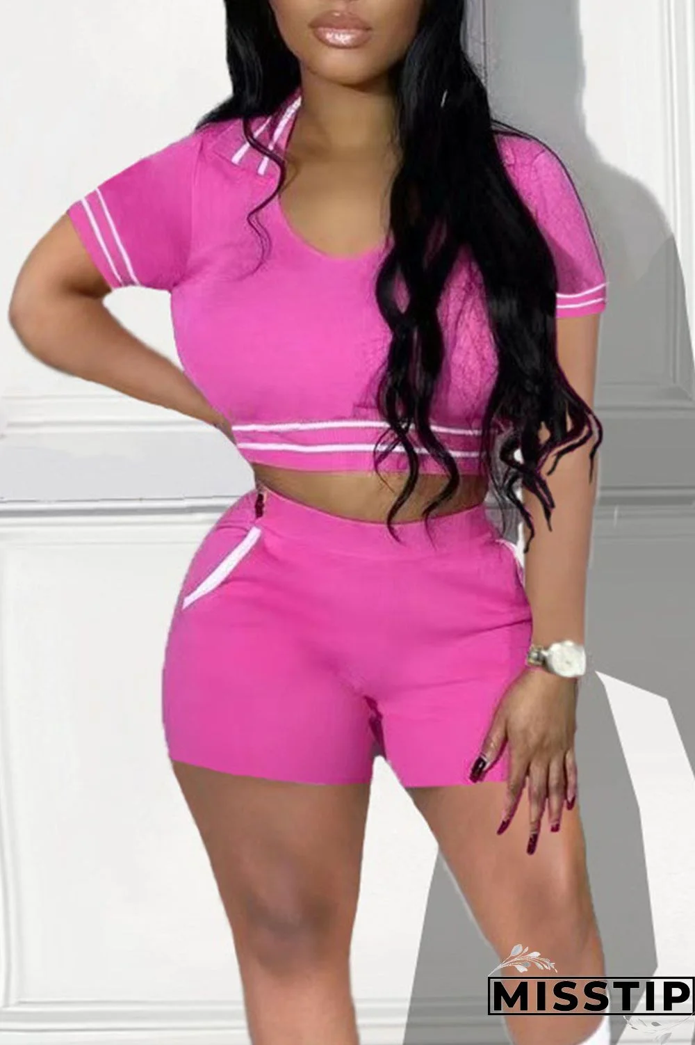 Rose Red Casual Sportswear Solid Patchwork V Neck Short Sleeve Two Pieces