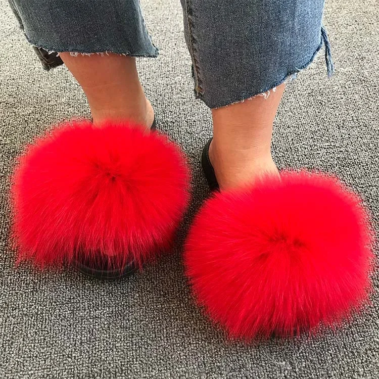 Hot Summer Women Fox Fur Slippers Real Fur Slides Female Indoor Flip Flops Casual Raccon Fur Sandals Furry Fluffy Plush Shoes