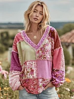 Women's Vintage Floral Patchwork Art Cozy Warm Sweatshirt - Image 6