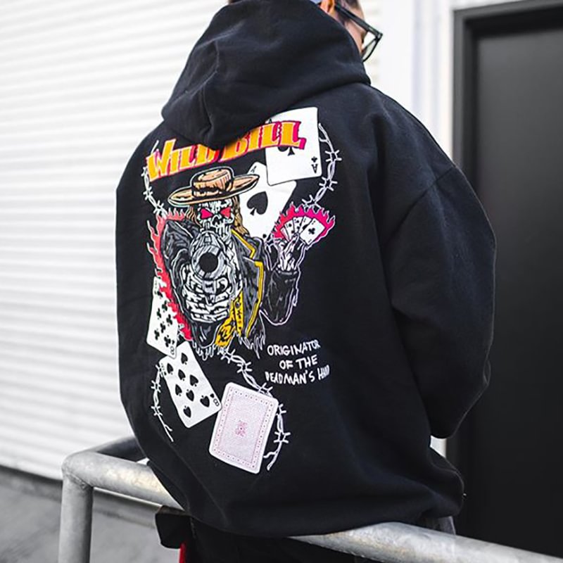 Angry skull poker gun printed hooded casual sweatshirt -  UPRANDY