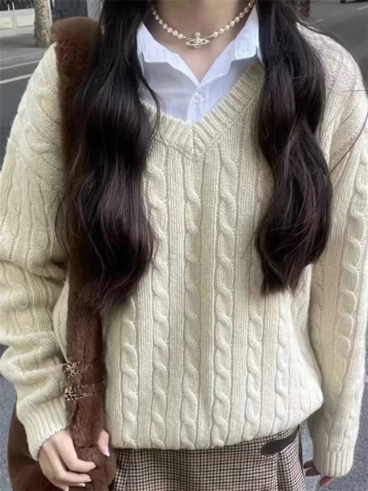 Causal Women Solid Color V-Neck Knit Sweaters Autumn Chic Elegant Long Sleeves  Sweaters Vintage Female Loose Knitwear Aiertu