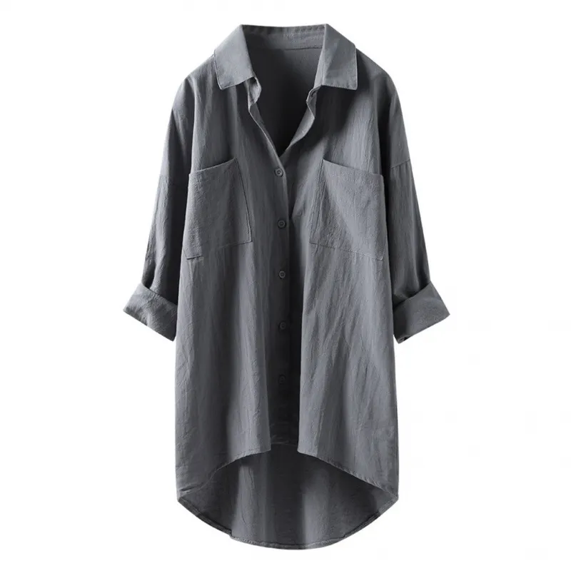 Brownm Brownm Women's Clothing 2025 Spring And Autumn Casual Style Pure Shirt Women Loose Cotton T-Shirt Double Pocket Long-Sleeved Top