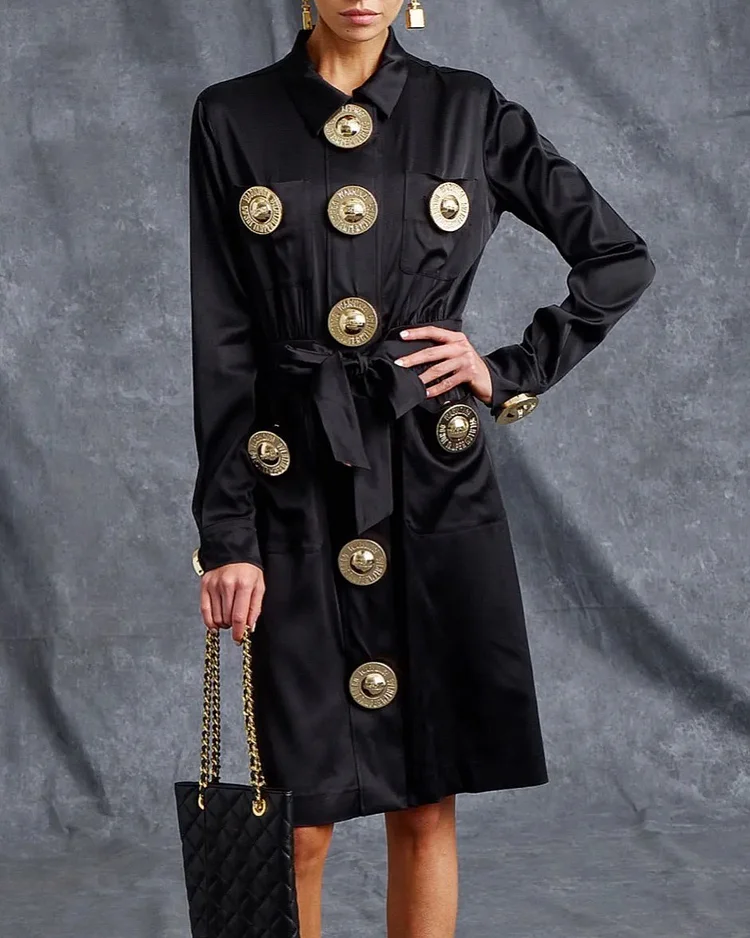 Black Lace Up Button Dress