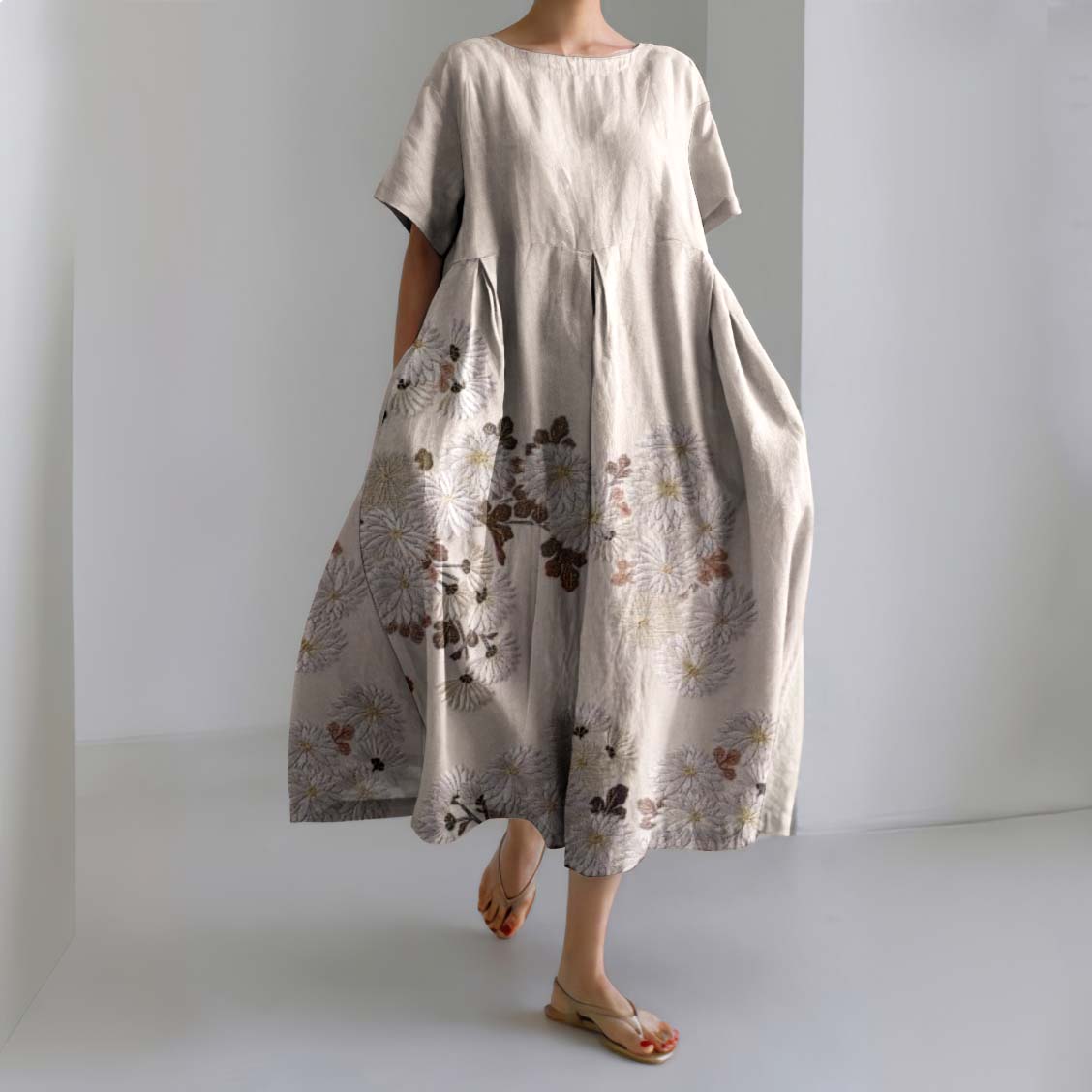 Comstylish Vintage Floral Printed Linen Blend Midi Dress