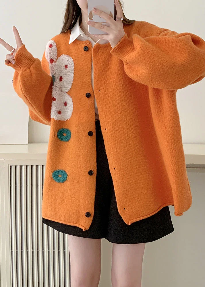 Plus Size Orange O-Neck Sun Floral Cotton Knit Sweaters Coats Long Sleeve