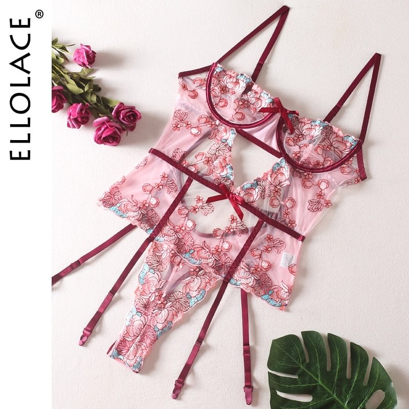 Uaang Ellolace Bodycon Sexy Floral Bodysuit Push Up Embroidery Lace Lingerie Body Pink Cut Out Sleeveless See Through Mesh Top