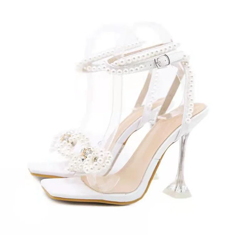 White Ankle Strap Stiletto Heels Pearl Sandals Square Toe Shoes |FSJ Shoes