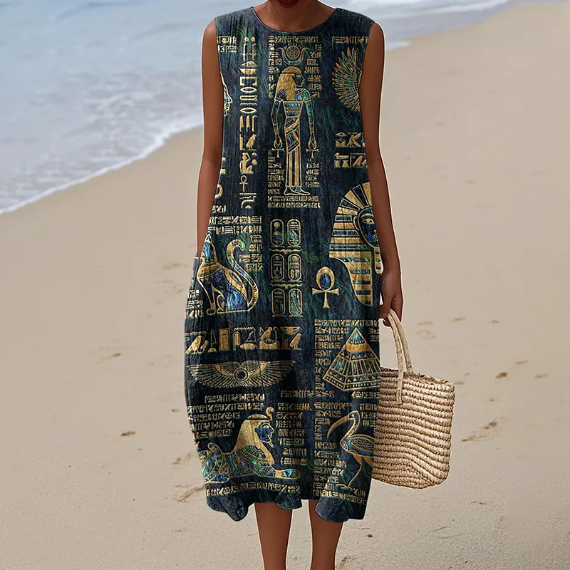 Ancient Egyptian Inspired Women's Vintage Linen Casual Sleeveless Dress