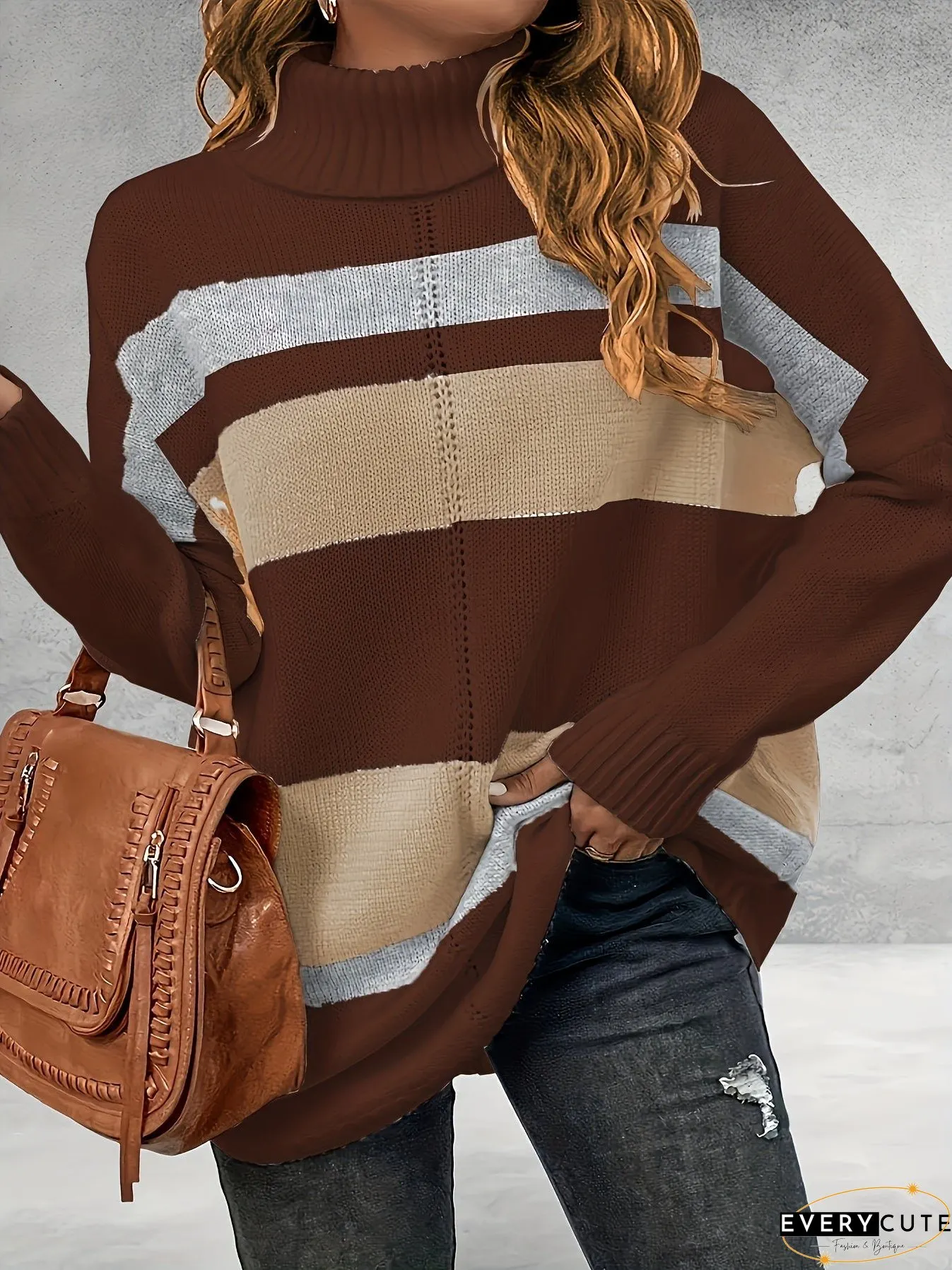 Plus Size Casual Sweater, Women's Plus Colorblock Long Sleeve Turtle Neck Slight Stretch Sweater
