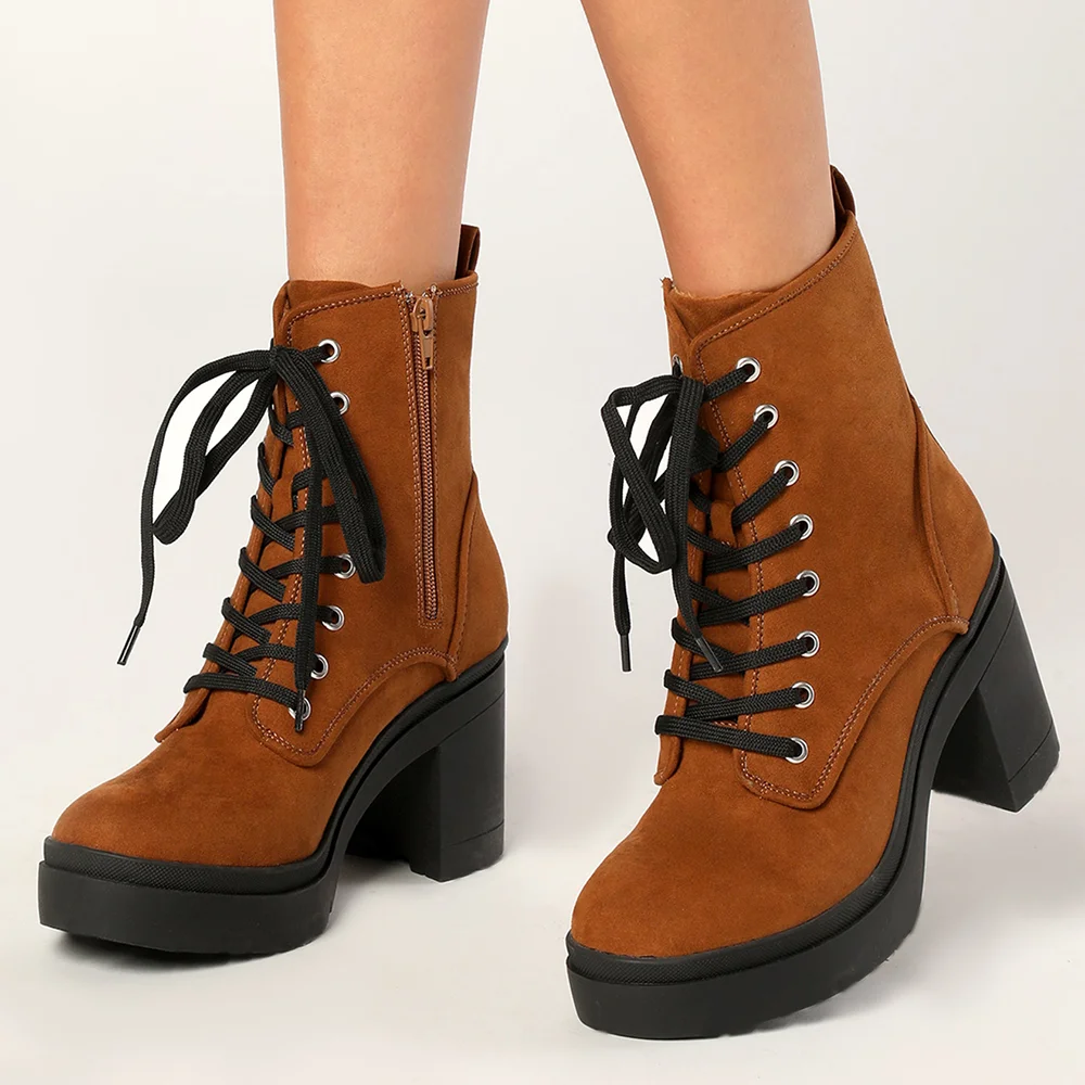Brown Round Toe Ankle Boots Lace Up Chunky Heels Nicepairs