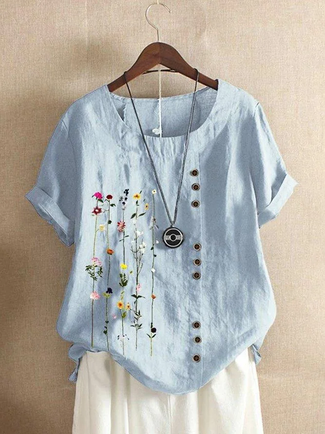 Vintage Short Sleeve Floral Printed Crew Neck Plus Size Casual Tops