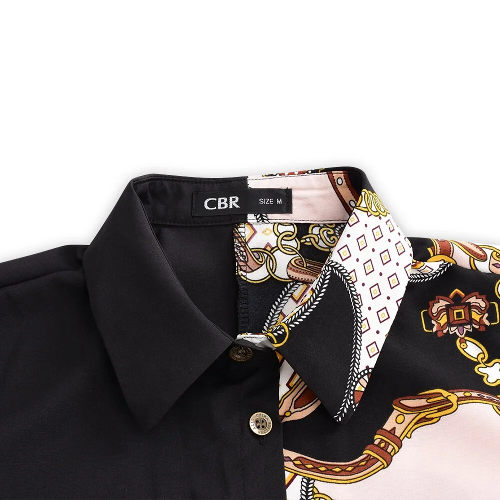 2021 fashion printing ladies shirt neckline long-sleeved casual shirt blouse Explosion models Colorblock Buttoned Blouse D30