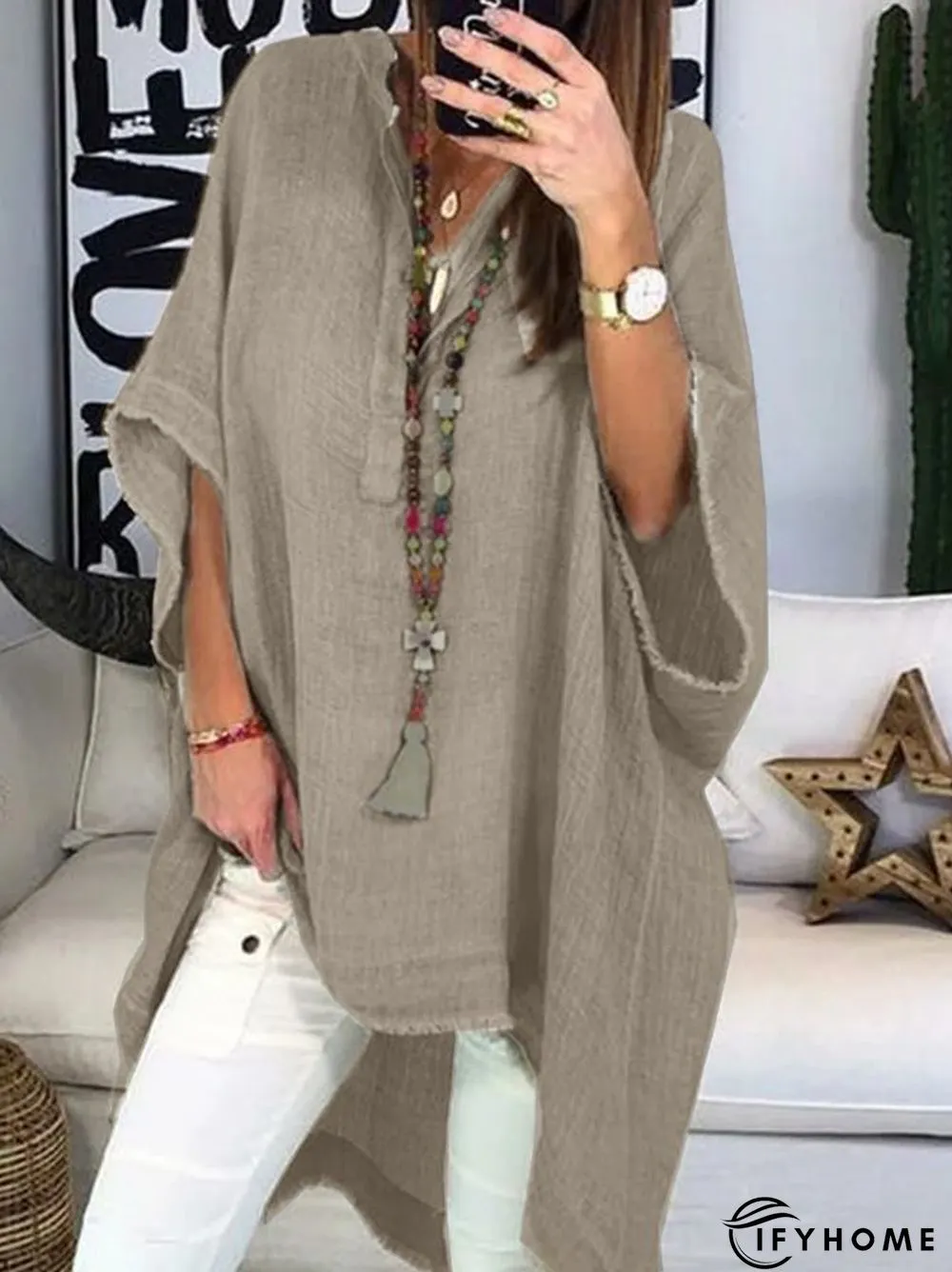 Women Half Sleeve Plain Boho V Neck Top | IFYHOME