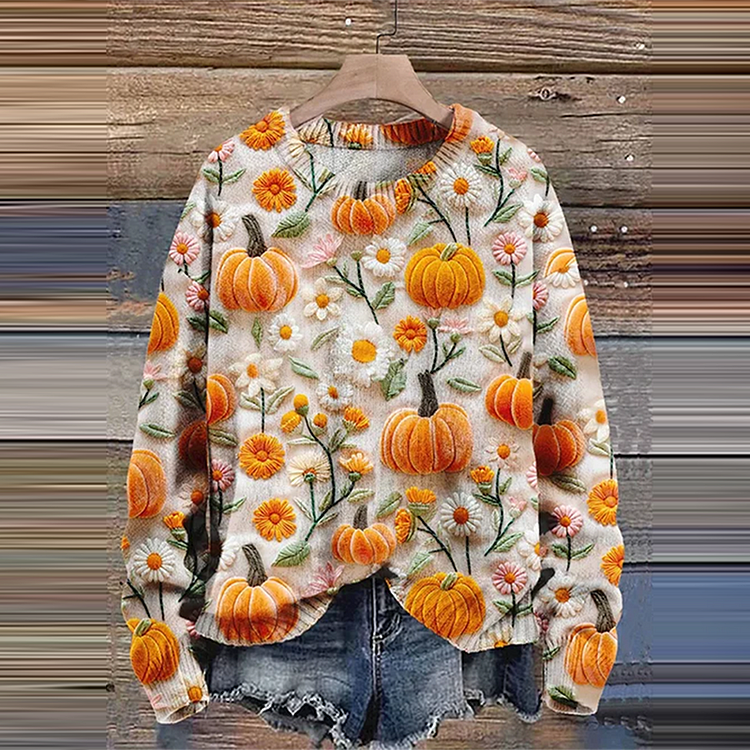 Thanksgiving Autumn Pumpkin Embroidery Art Print Knitted Pullover Sweater