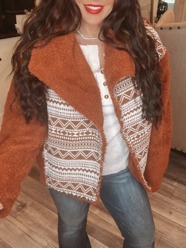 Brown And White Aztec Detail Cardi Jacket