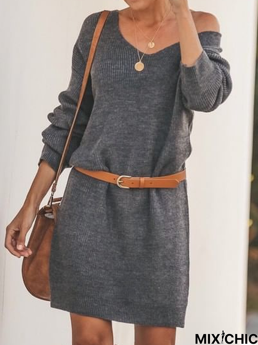 Knitted Long Sleeve Solid Knitting Dress